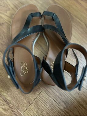Franco Sarto Black Strappy Sandal with Brown Footbed and Ankle Strap